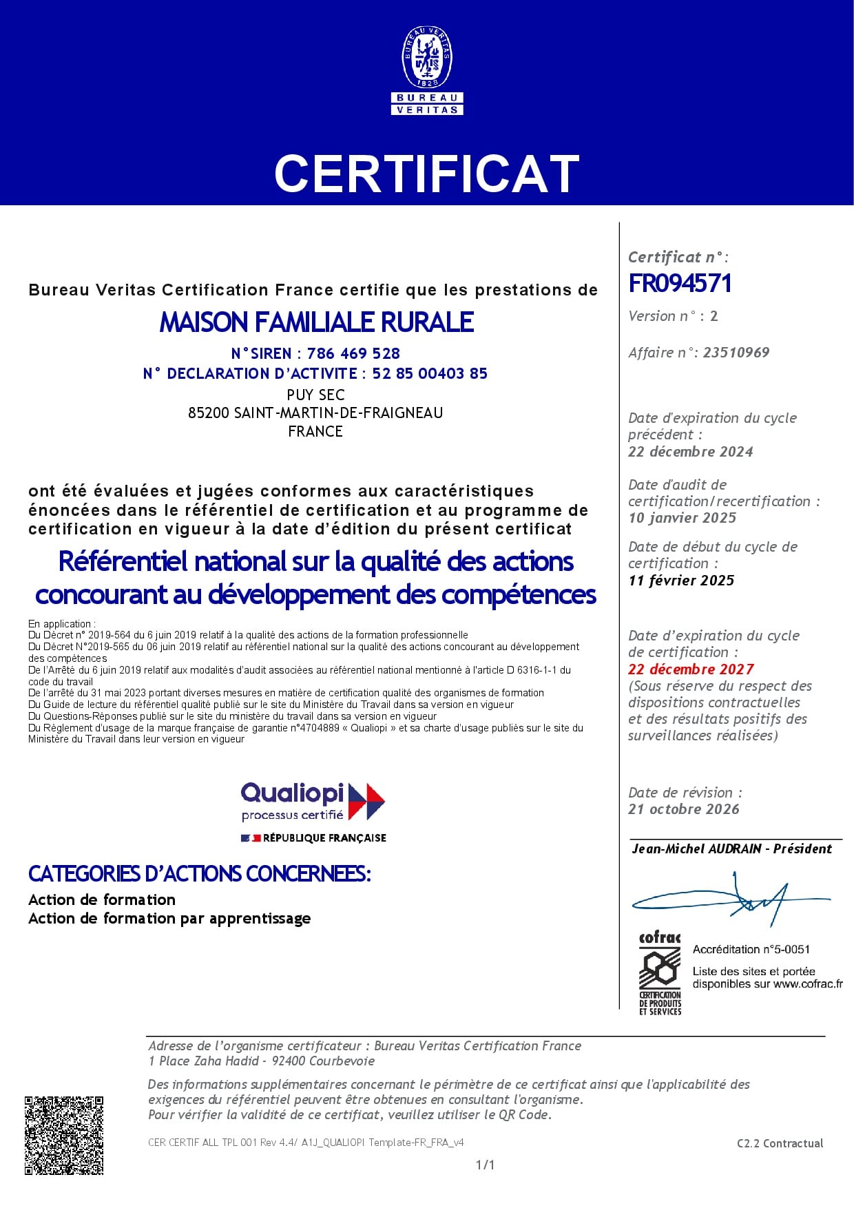 23510969 - MAISON FAMILIALE RURALE - CERTIFICAT V2